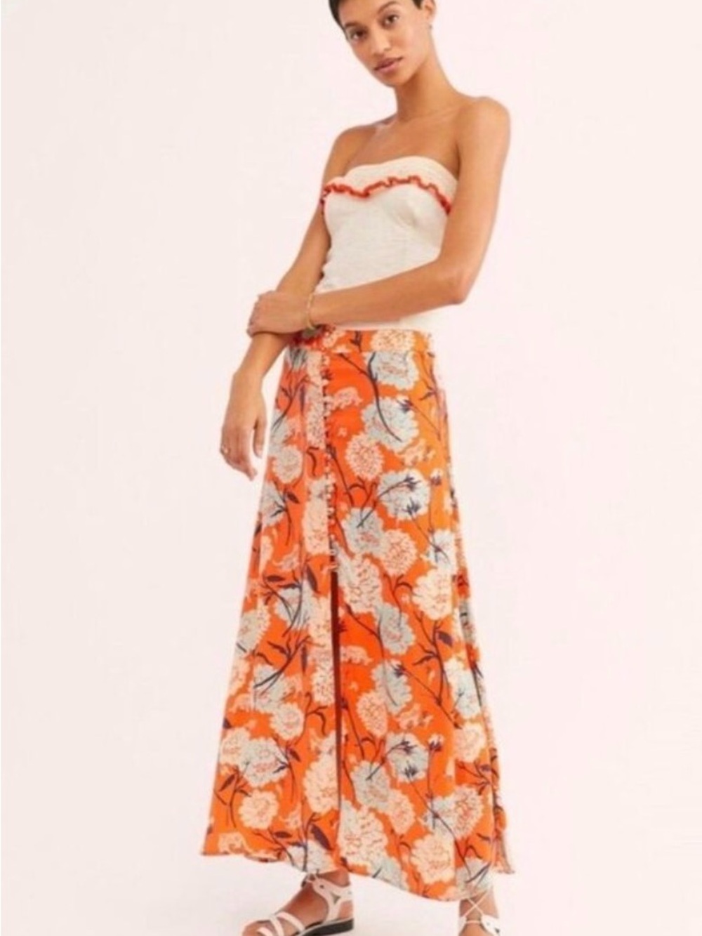 Free People Sammy Orange Floral Maxi Skirt - Boho Chic Maximalist